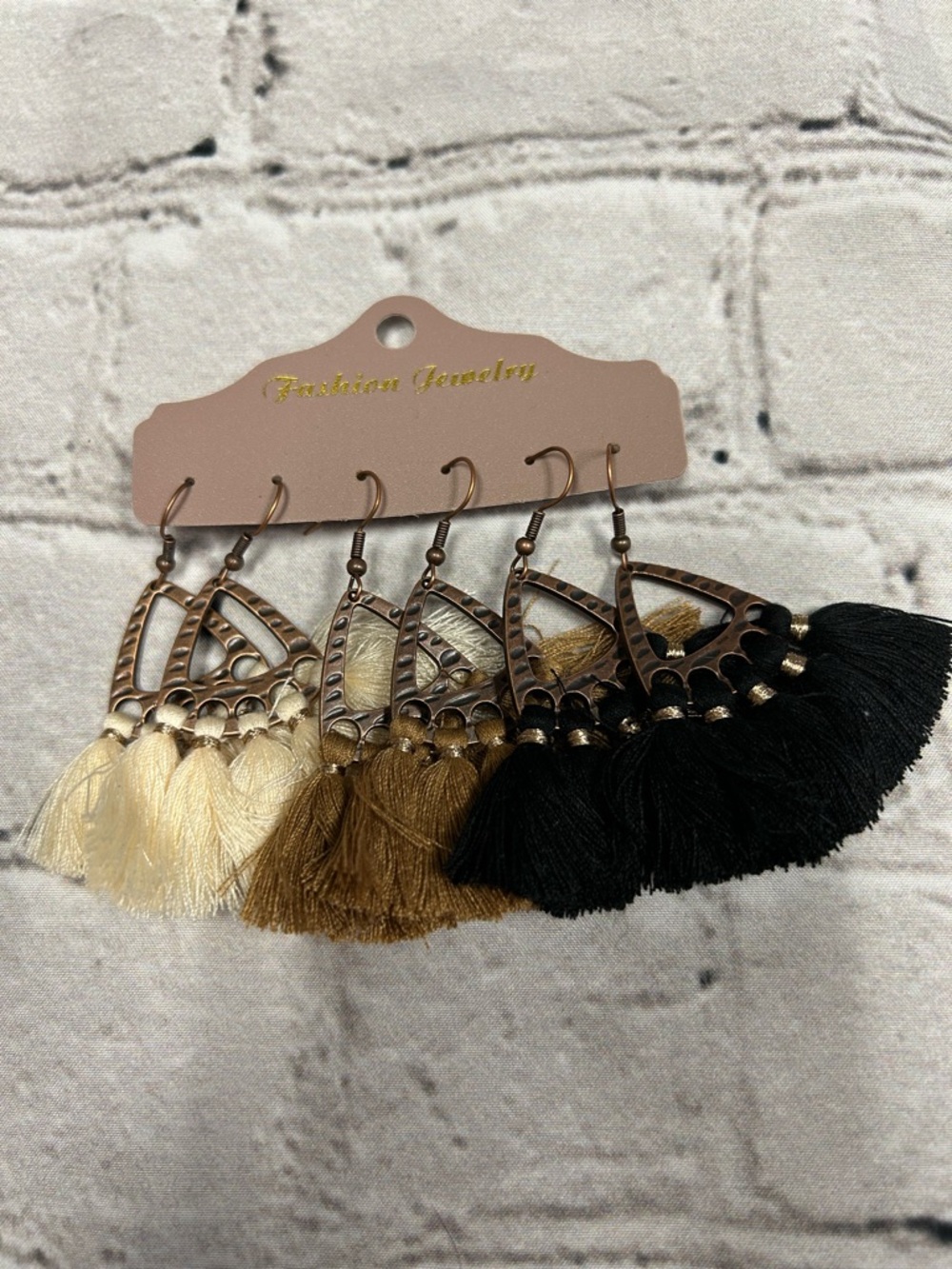 Tassel Fan Drop Earrings Trio in Cream, Brown & Black